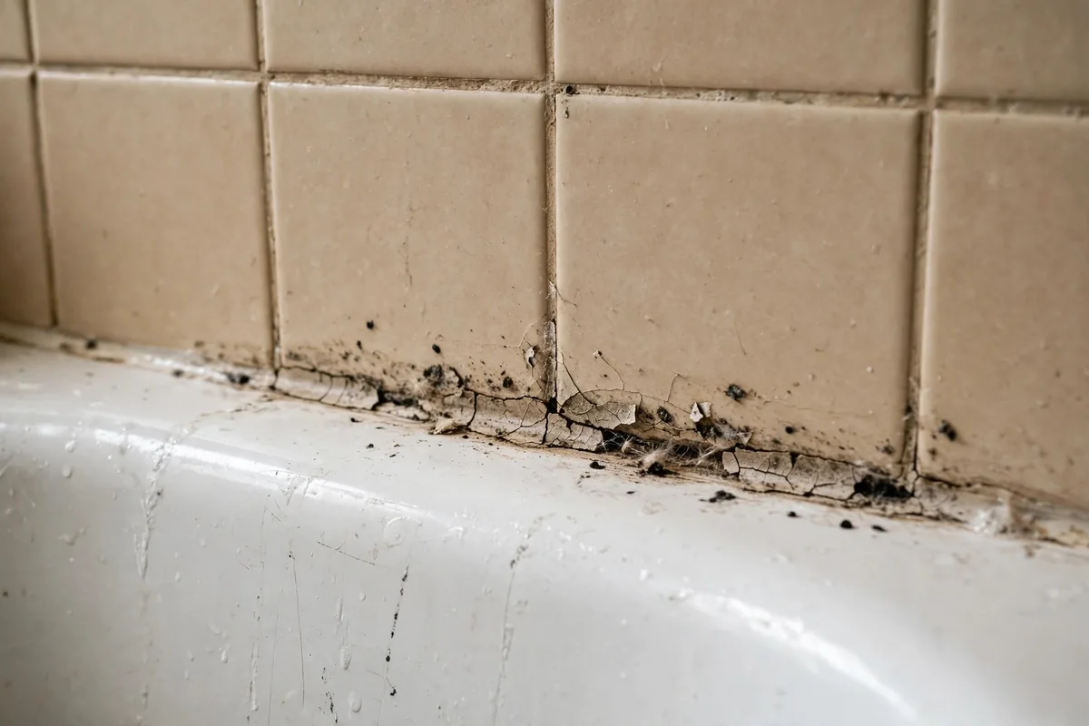 Worn and cracked caulk line where a bathtub meets tile, a common entry point for shower water