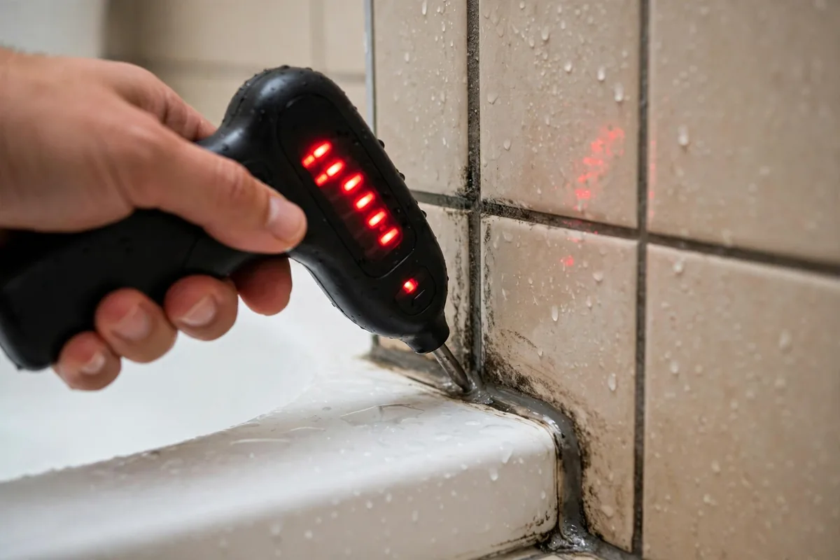 Moisture meter pressed against bathroom tile grout showing elevated readings near the shower base
