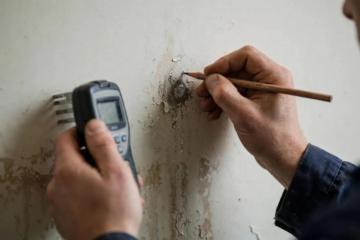 Technician marking moisture mapping readings on a wall with a pencil during a leak trace