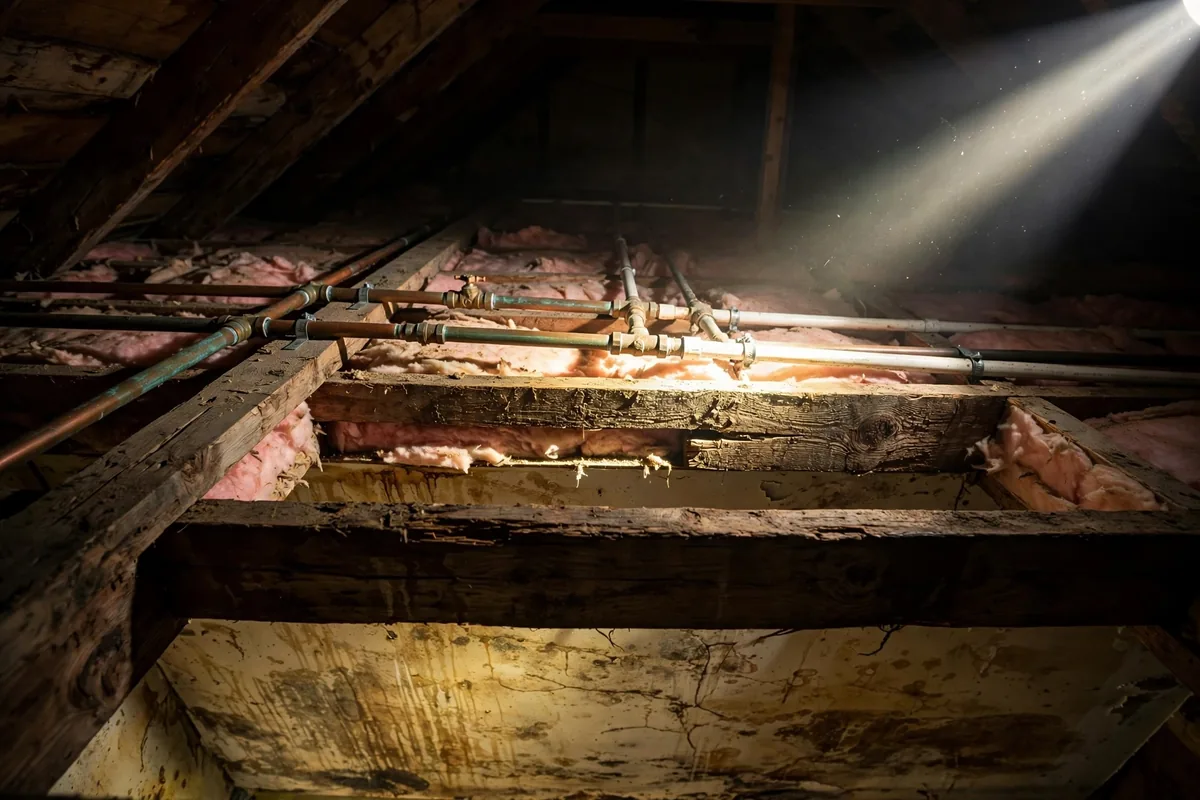 Attic view of water supply pipes and insulation above a stained ceiling during a leak investigation