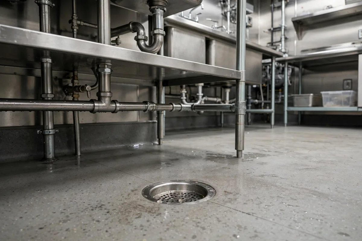 Restaurant kitchen floor drain and prep area plumbing during a commercial leak inspection