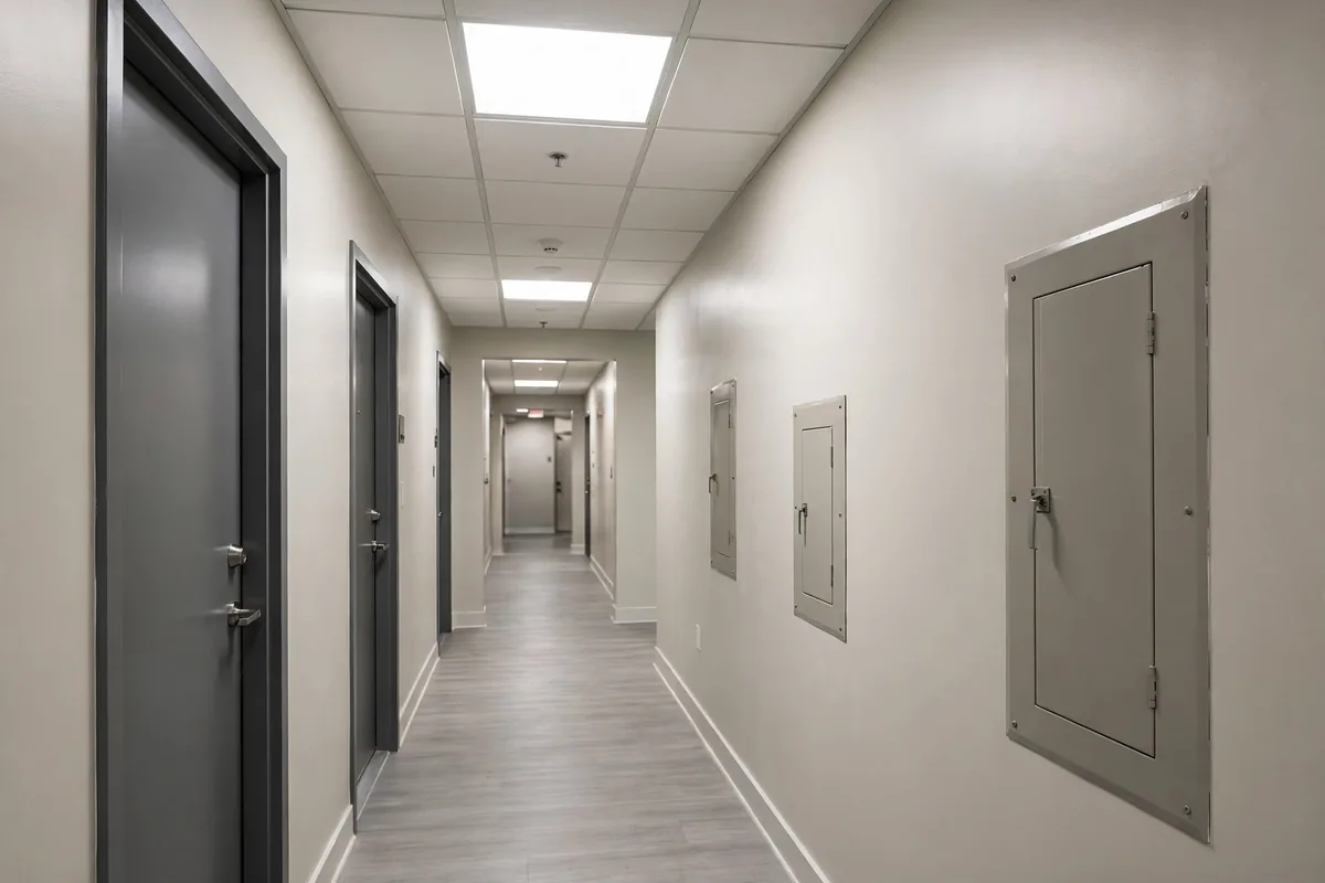 Interior hallway of a multi-unit building with access panels during a systematic leak inspection