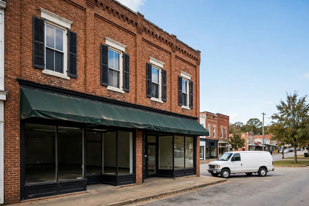 Brick commercial building on a Tennessee main street served for commercial leak detection