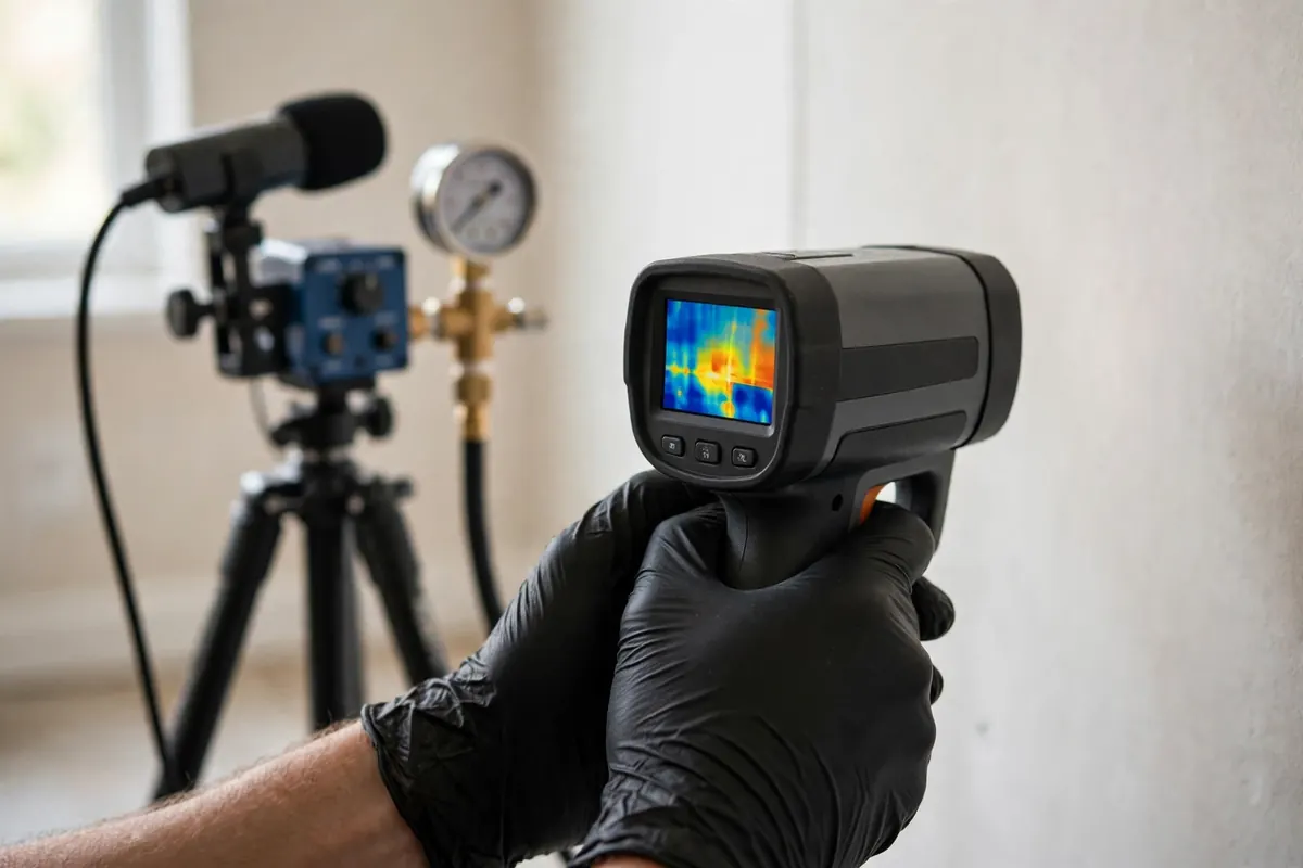 Technician holding a thermal imaging camera against an interior wall during a leak detection inspection
