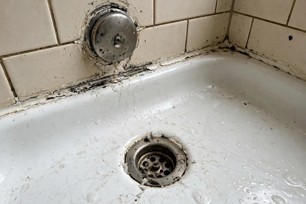 Bathtub overflow plate and drain area with worn caulking where drain-side leaks commonly start