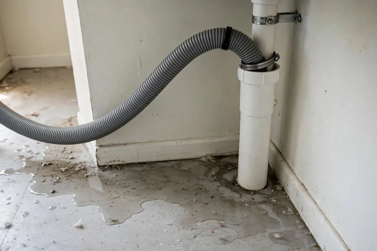 Washing machine standpipe and drain hose in a laundry room with a damp floor area nearby