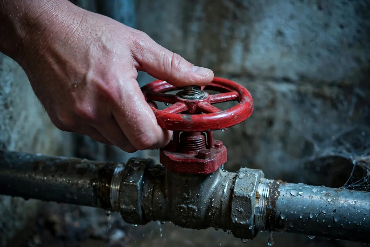 Hand turning a main water shutoff valve to stop the flow during a plumbing emergency