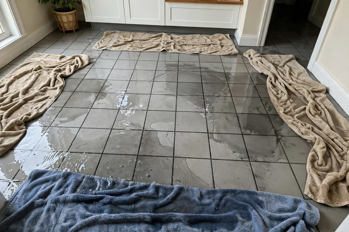 Water spreading across a floor with towels placed to contain it during an active leak emergency