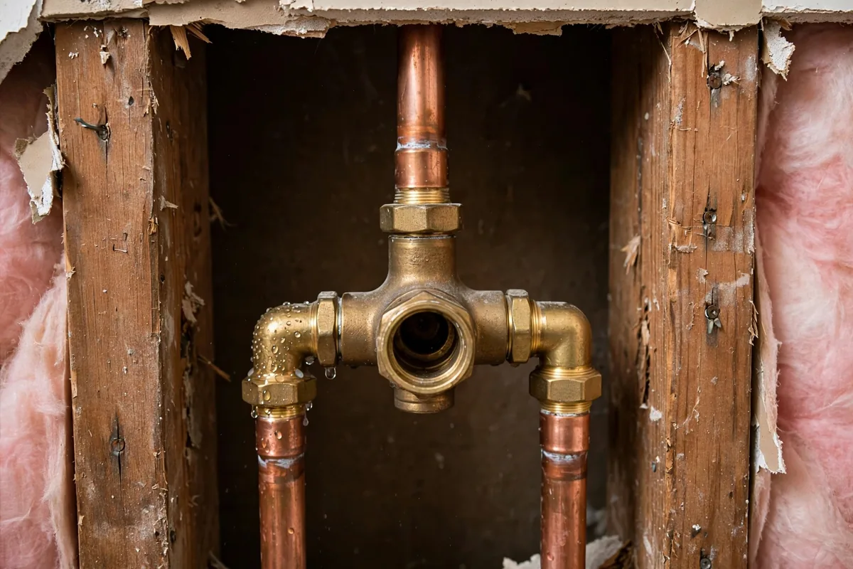 Shower valve inside a wall cavity with the escutcheon plate removed, showing connections and slight moisture