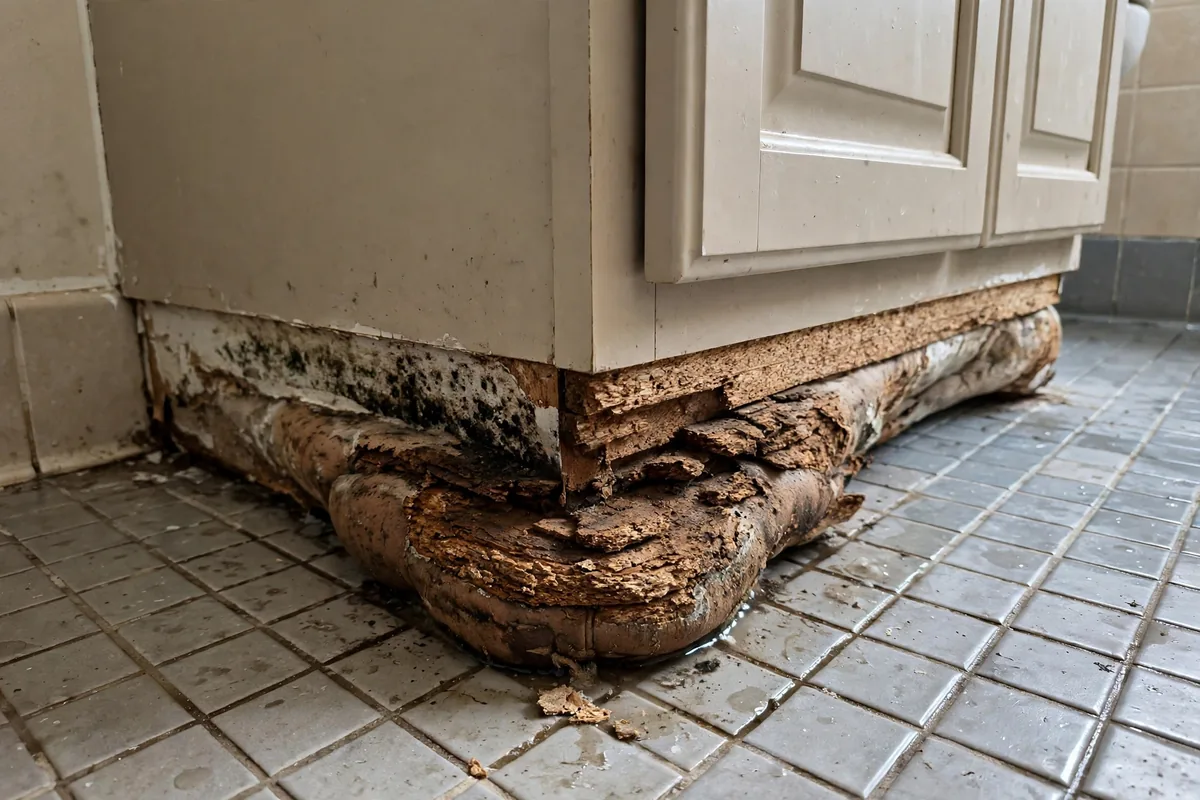 Swollen water-damaged base of a bathroom vanity cabinet from a long-term slow fixture leak