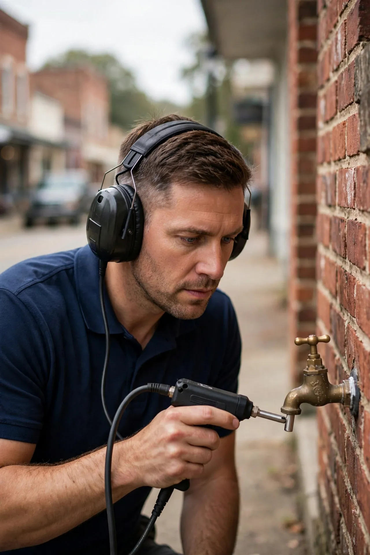 Technician in a navy shirt using acoustic listening equipment on an outdoor spigot of a historic brick home in Columbia TN
