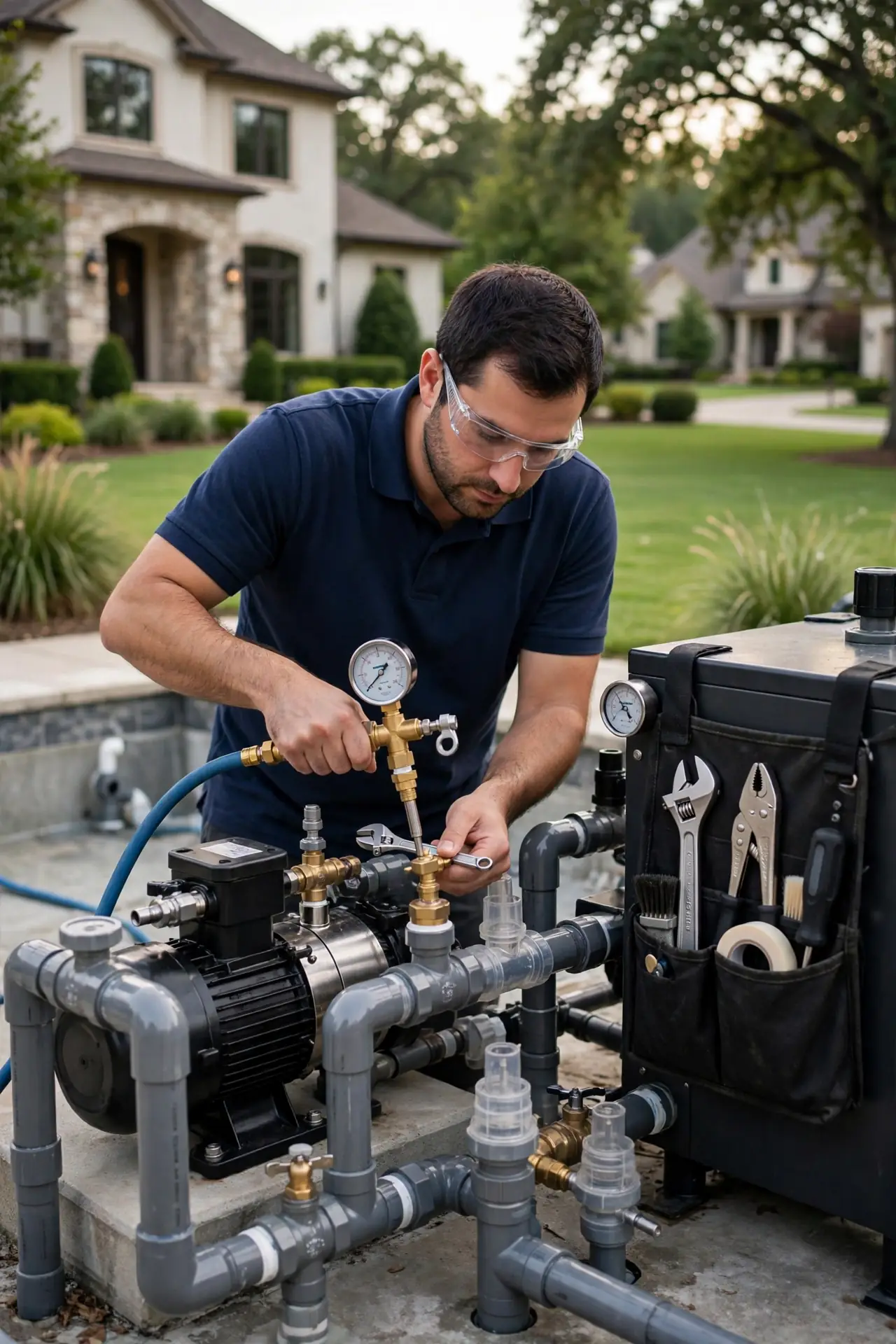 Technician in a navy shirt pressure-testing pool plumbing at an upscale Graymere home with a manicured lawn