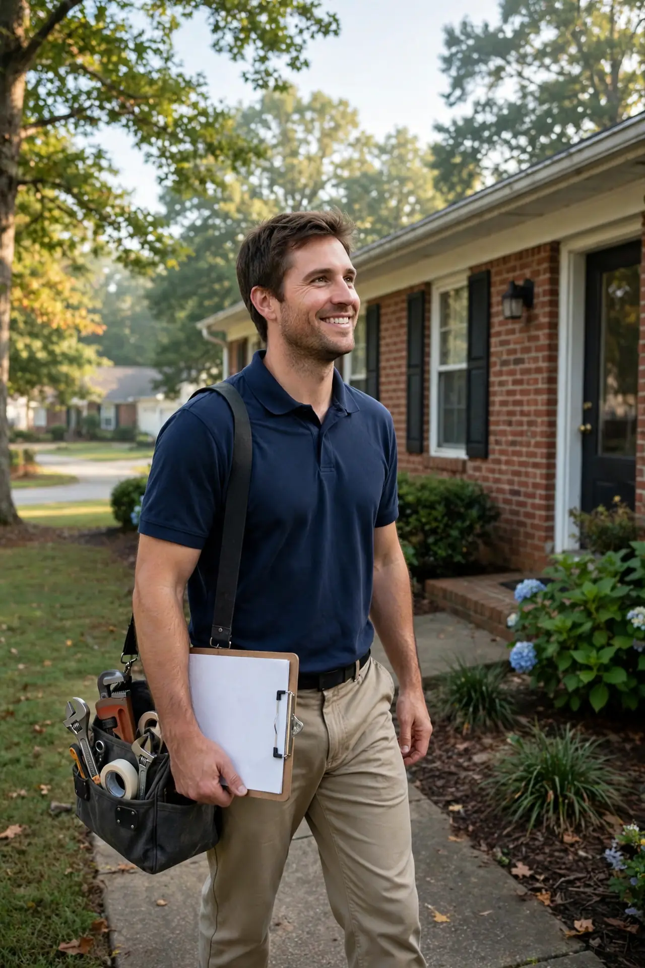 Leak detection technician in a navy shirt arriving at a brick ranch home in Columbia TN with a tool bag