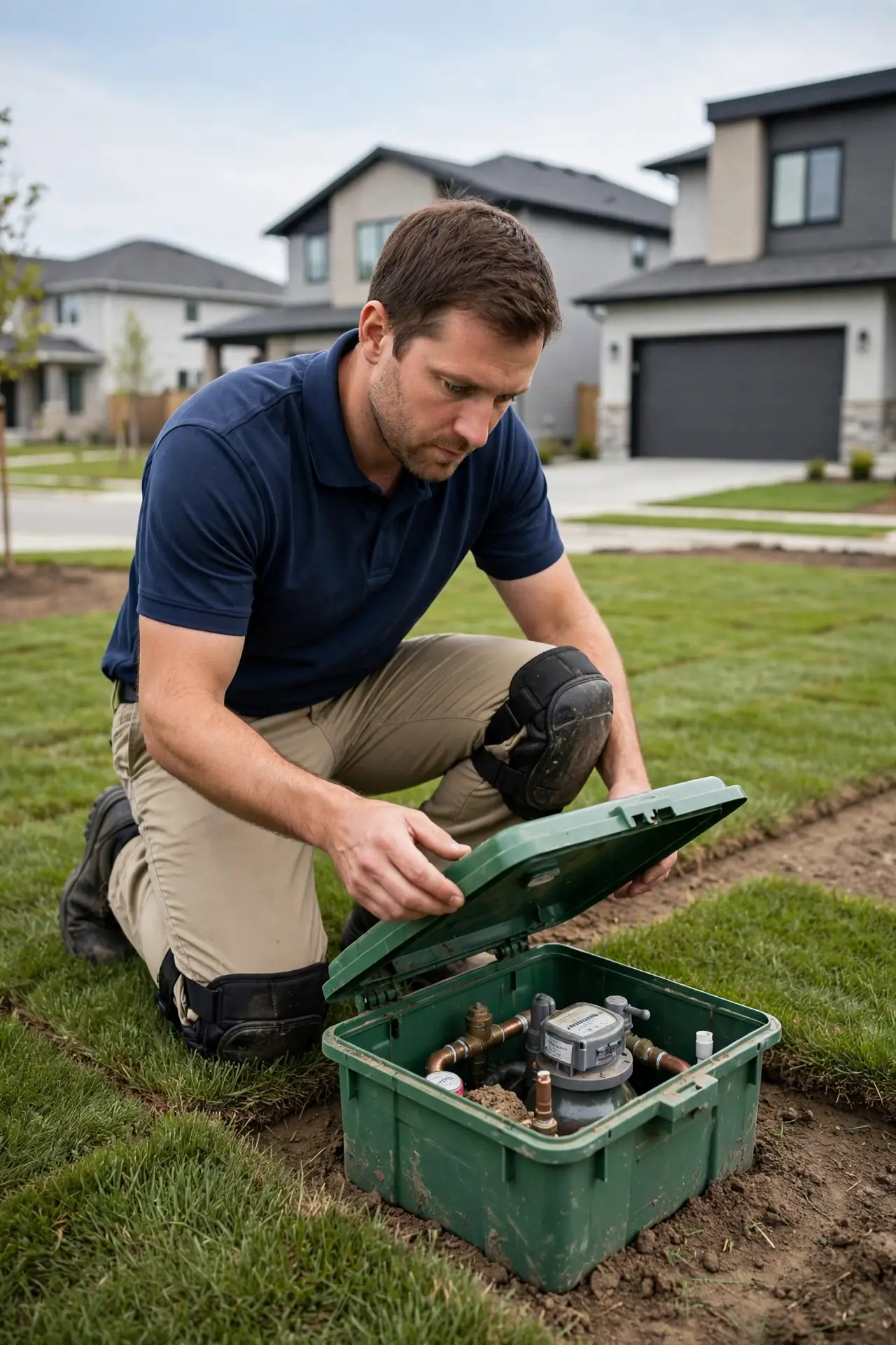 Technician in a navy shirt checking a new water meter box in the fresh sod yard of a new North Columbia subdivision home