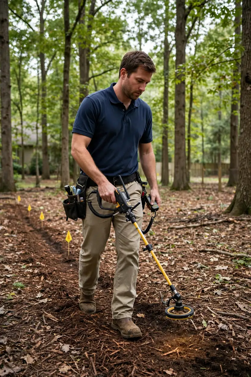 Technician in a navy shirt tracing a buried service line with a locating wand on a wooded Tall Trees Estates lot