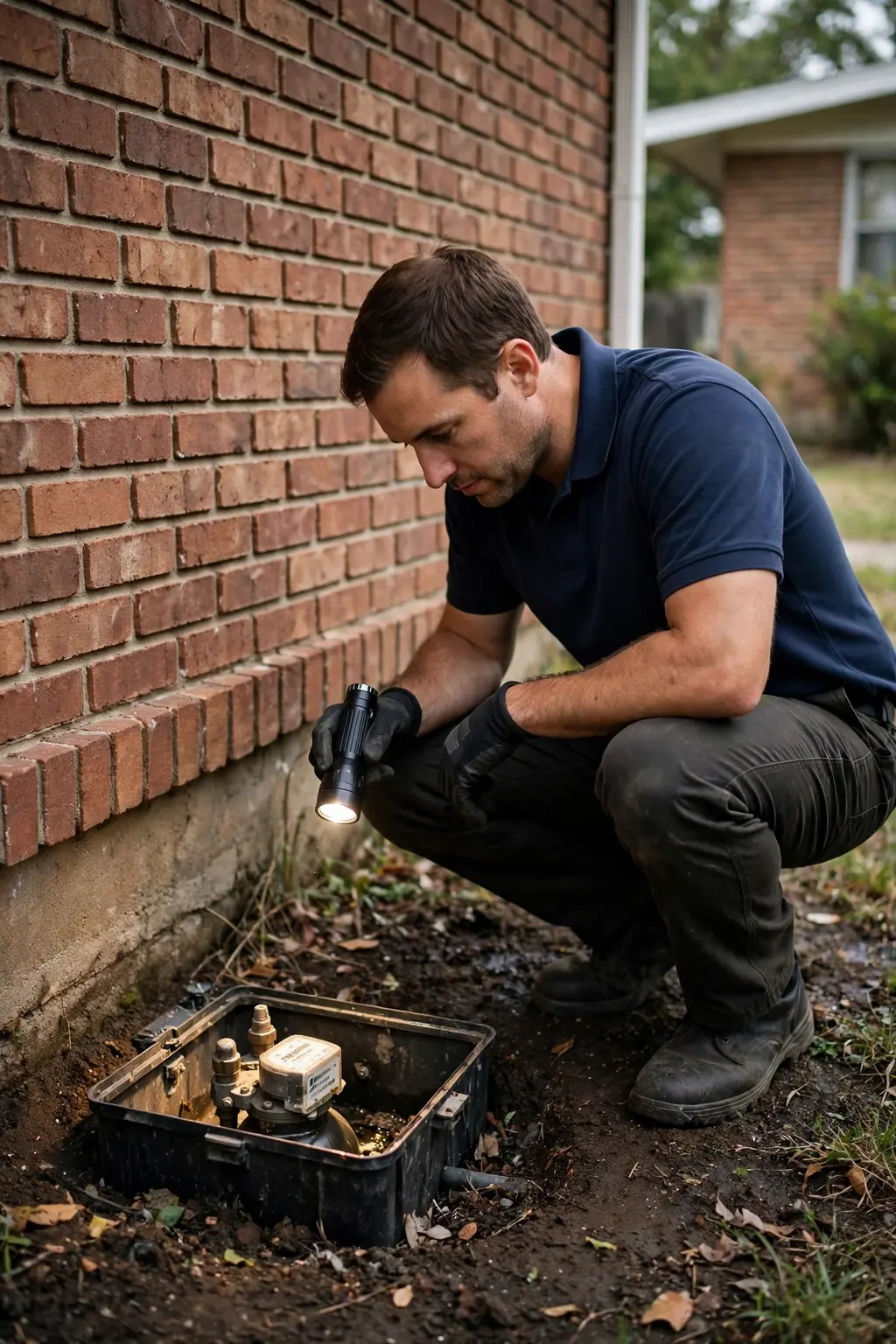 Technician in a navy shirt checking a water meter box beside the brick foundation of a 1960s ranch home in Westwood