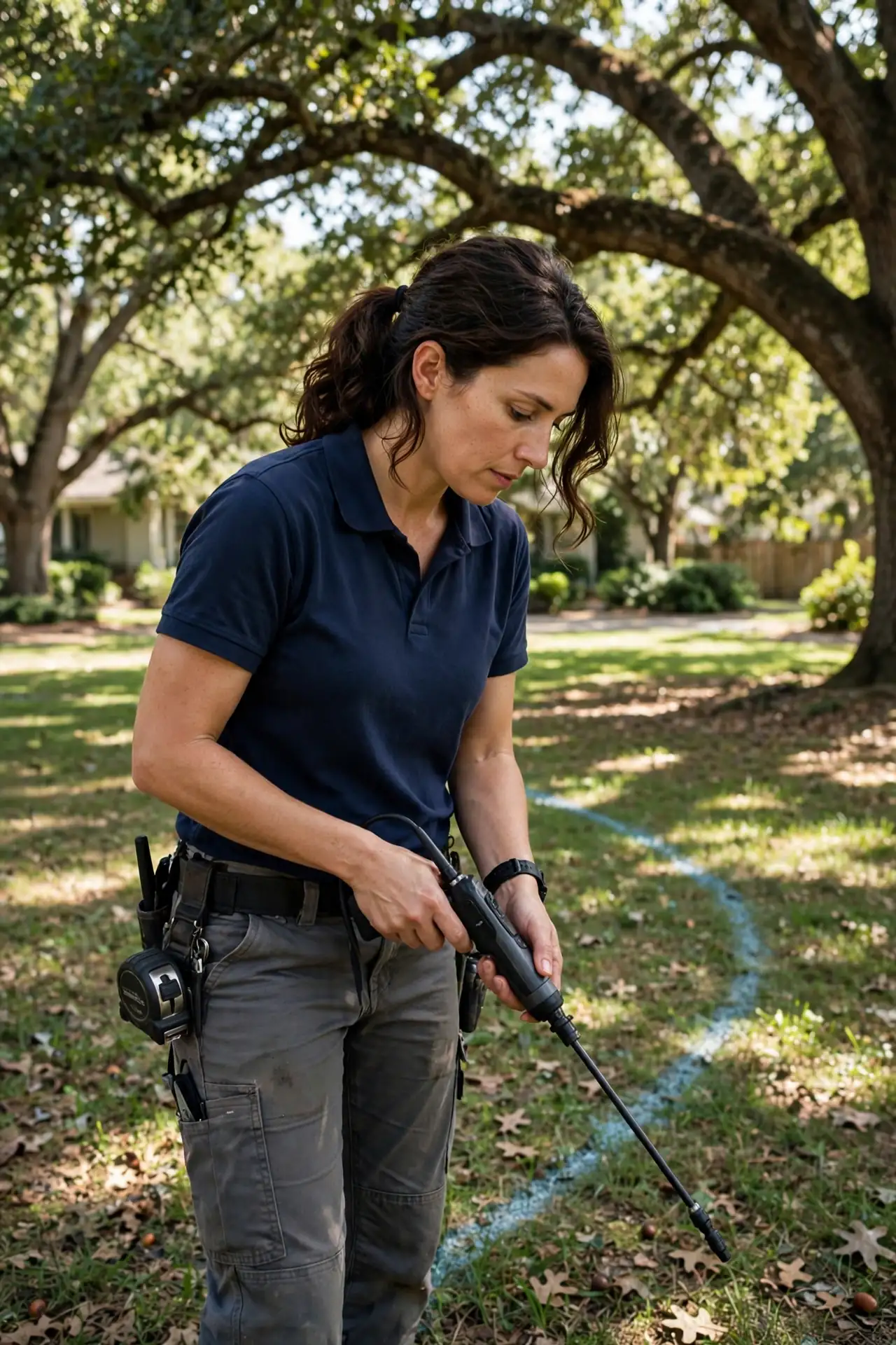 Technician in a navy shirt tracing a buried water line with a locator wand in a shaded Windermere yard under mature oaks