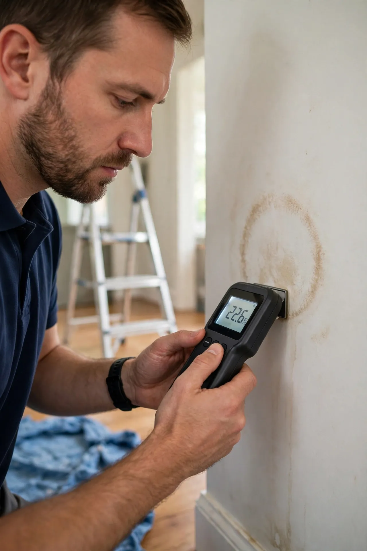Technician in a navy shirt pressing a pinless moisture meter against a living-room wall with a faint brown water stain