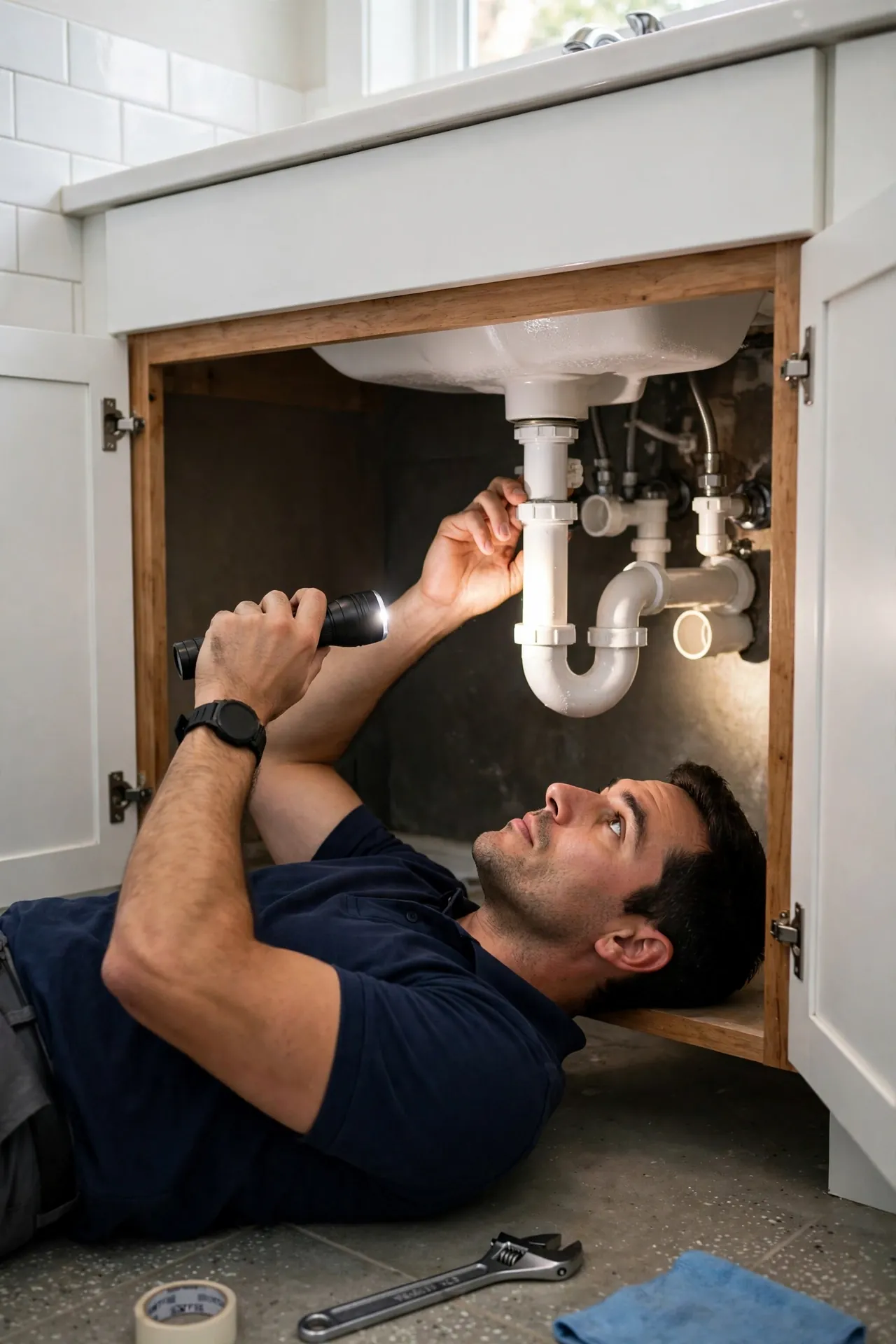 Plumber in a navy shirt inspecting white PVC drain pipes and trap under a bathroom sink with a flashlight