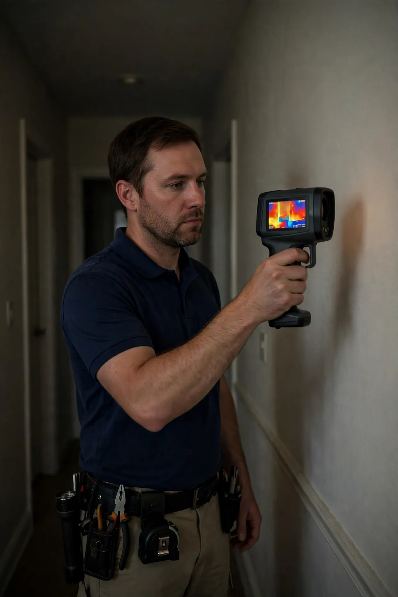Technician in a navy shirt scanning a hallway wall with a thermal imaging camera to find a hidden leak