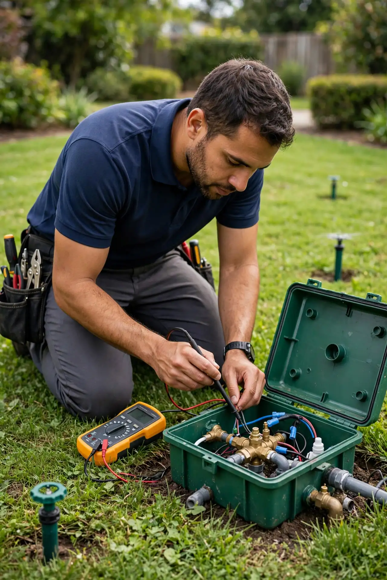 Technician in a navy shirt inspecting zone valves inside an open irrigation valve box in a lawn