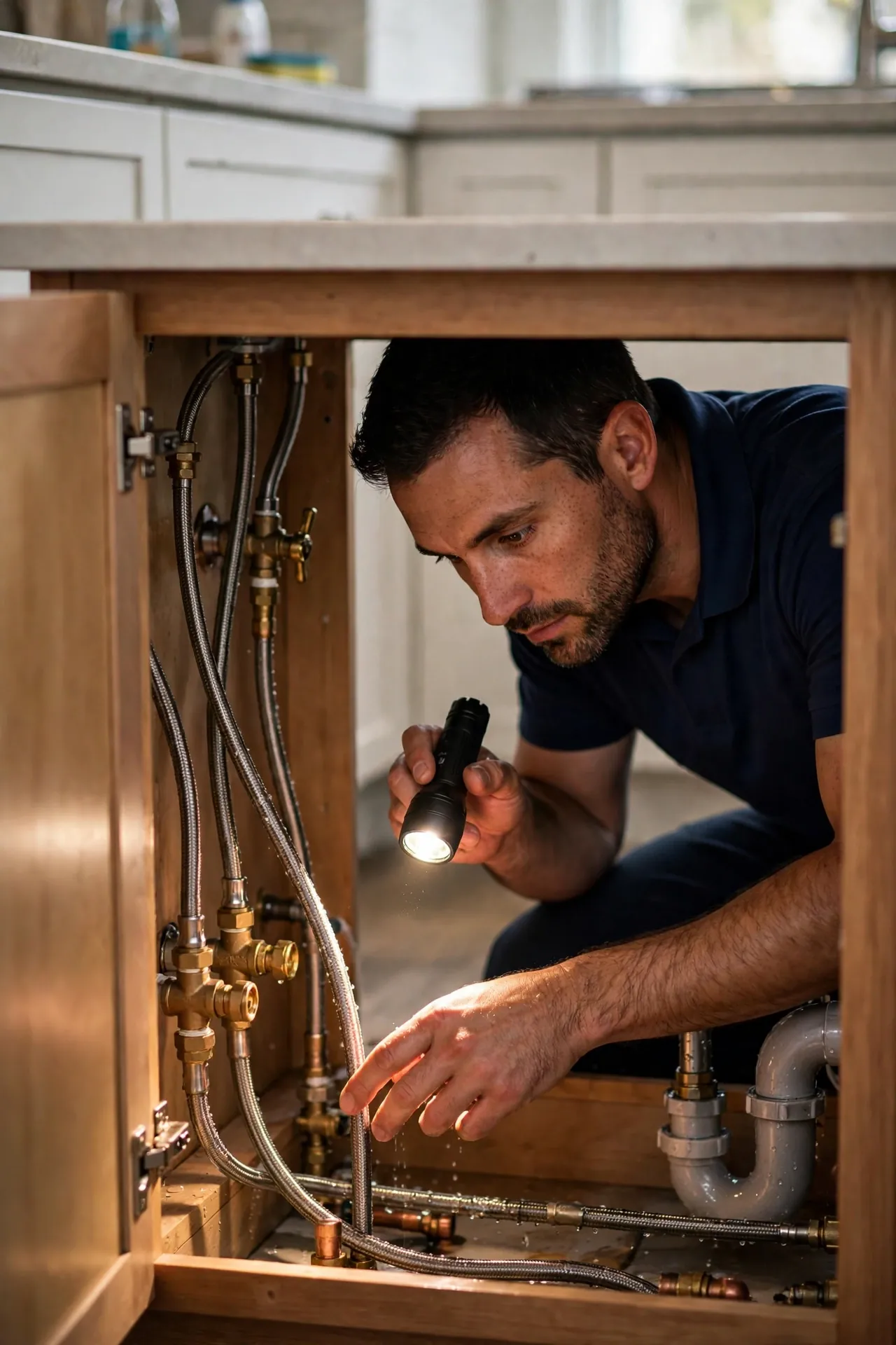 Plumber in a navy shirt inspecting supply lines and shutoff valves inside an open under-sink kitchen cabinet