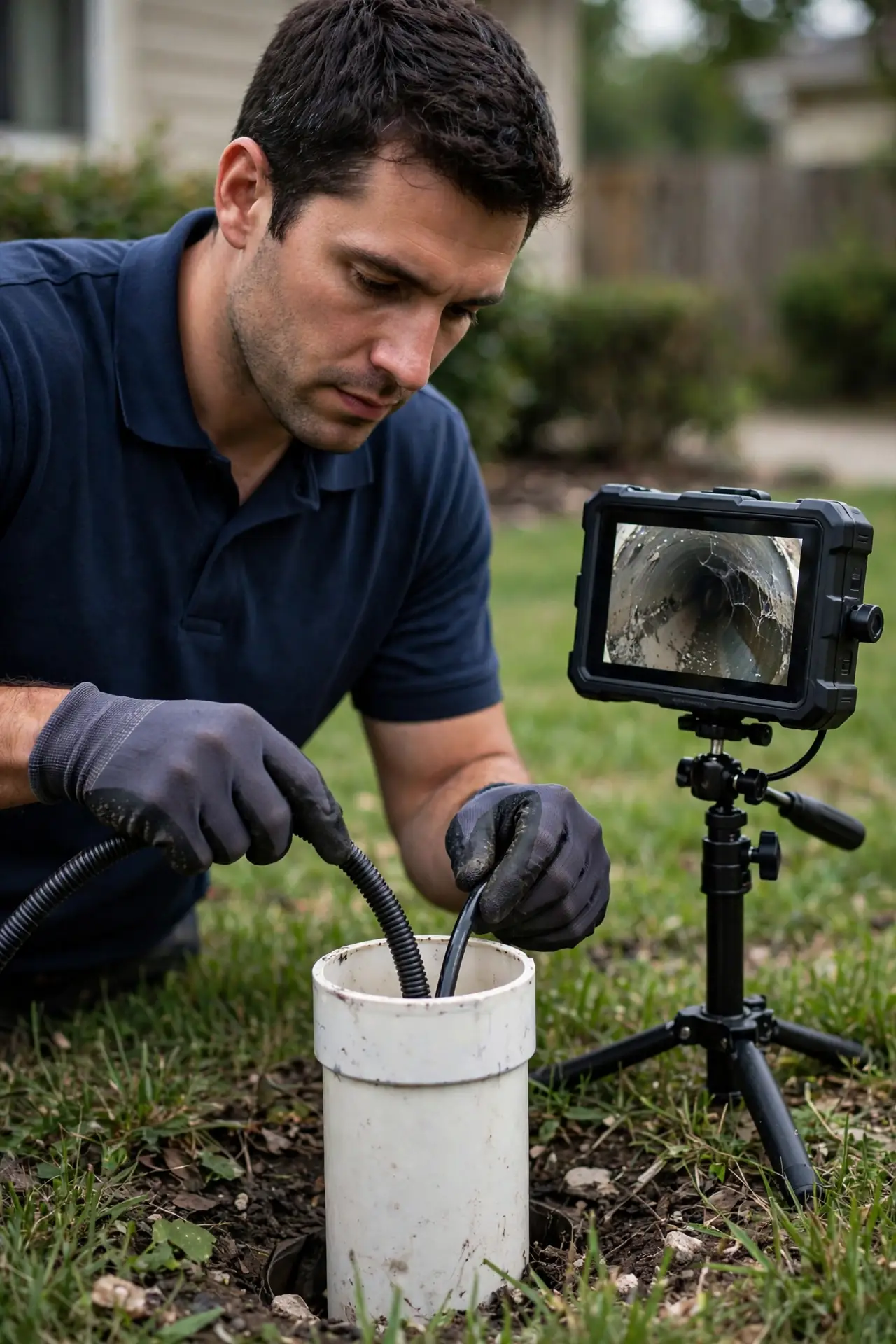 Technician in a navy shirt feeding a sewer camera cable into a yard cleanout pipe with an inspection monitor beside him