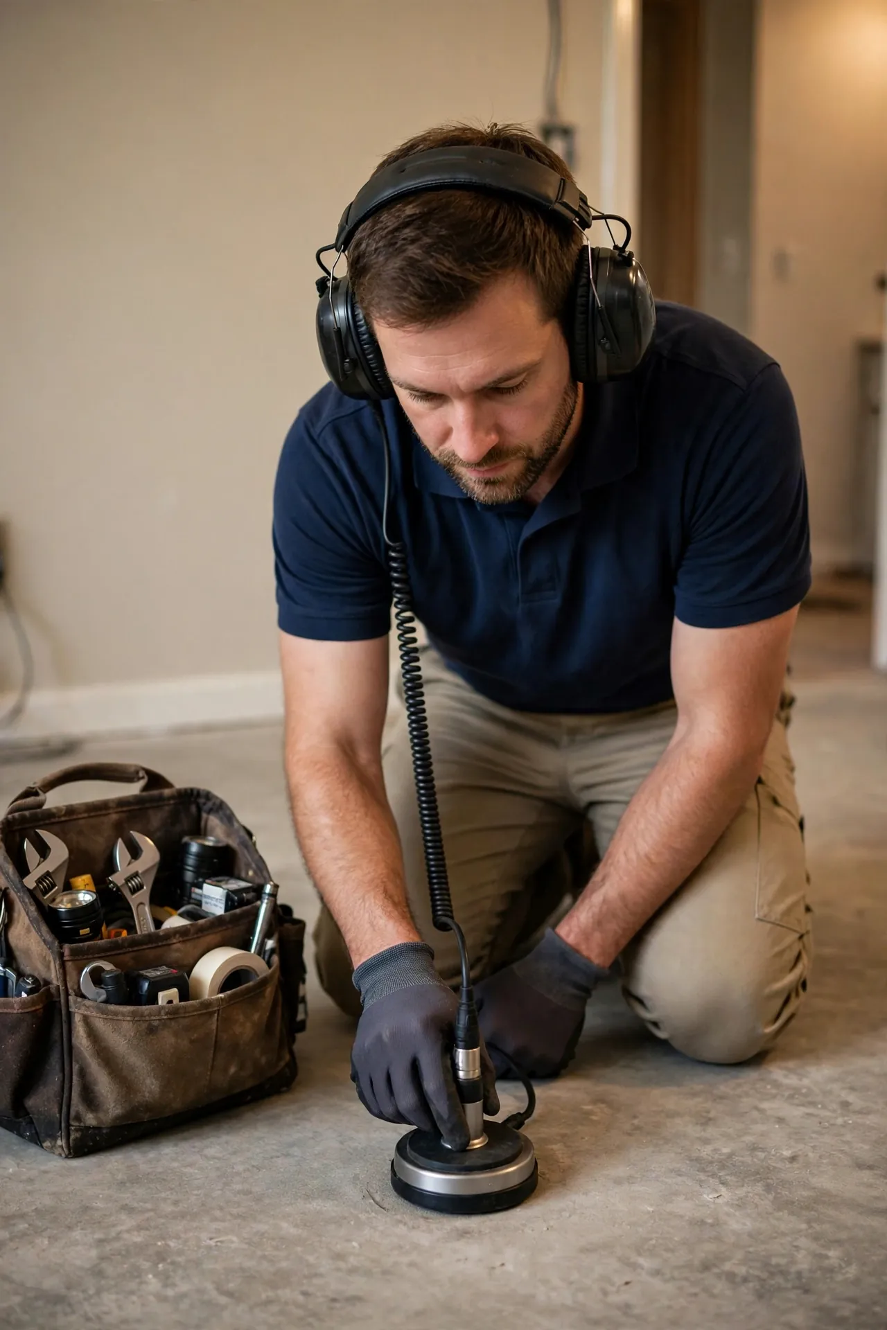 Leak detection technician in a navy shirt using acoustic listening headphones and a sensor on a concrete slab floor to trace an under-slab water line