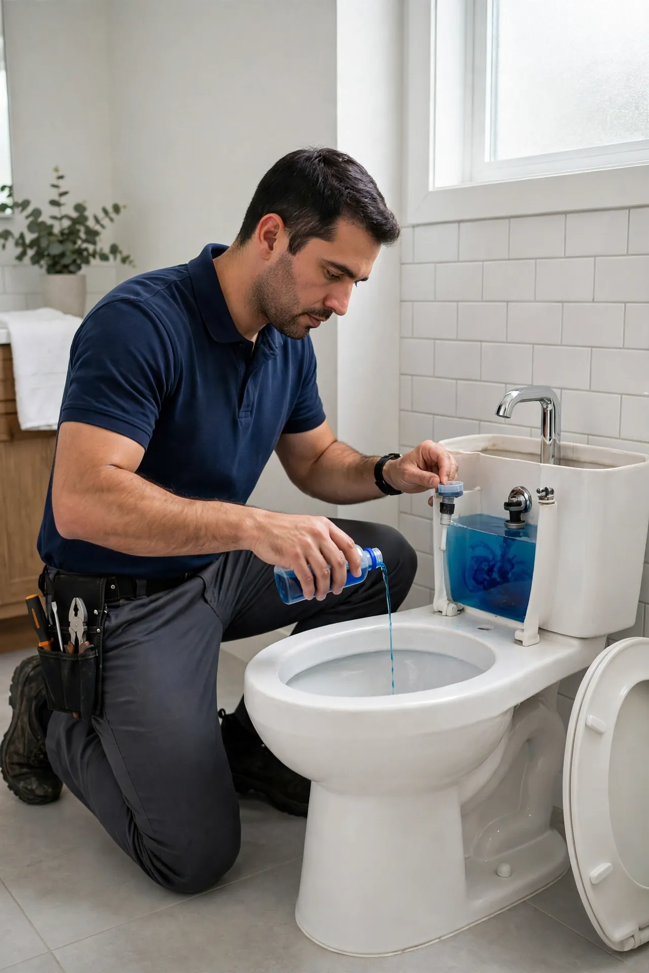 Plumber in a navy shirt adding blue dye to an open toilet tank to test the flapper and fill valve for silent leaks