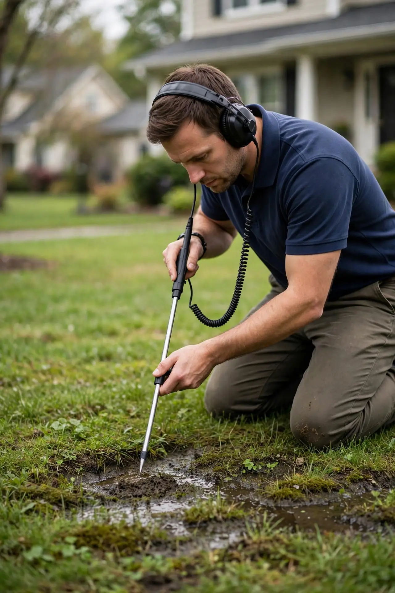 Technician in a navy shirt using an acoustic ground-listening rod in a lawn near a soggy patch to find a buried line leak