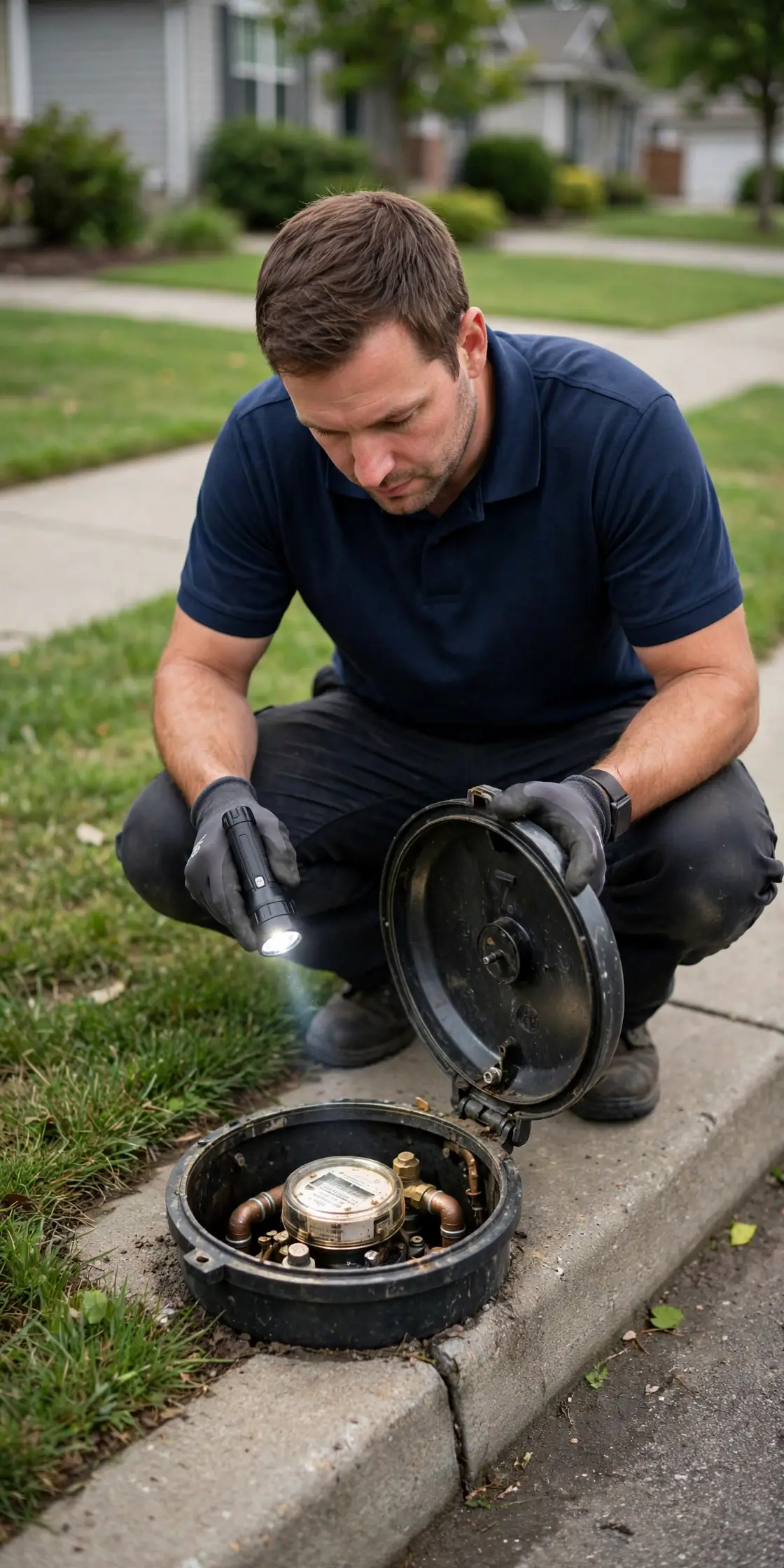 Technician in a navy shirt checking a residential water meter dial inside an open meter box at the curb