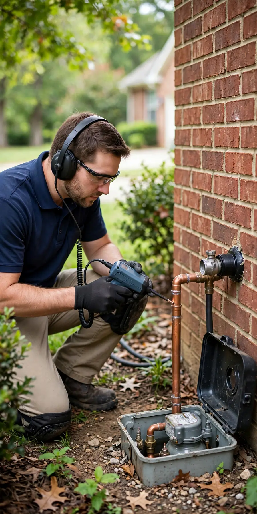 Leak detection technician using an acoustic listening device to inspect a water meter and copper pipe at a brick home in Columbia, TN