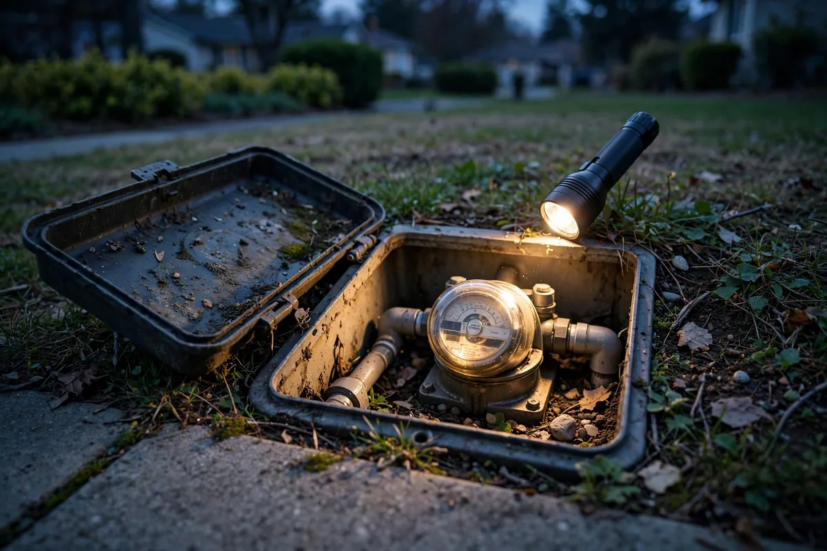 Residential water meter box open at dusk with the dial visible during an after-hours leak check