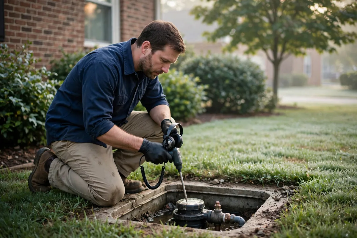 Leak detection technician with acoustic listening equipment at an open water meter by a brick home in Columbia, TN