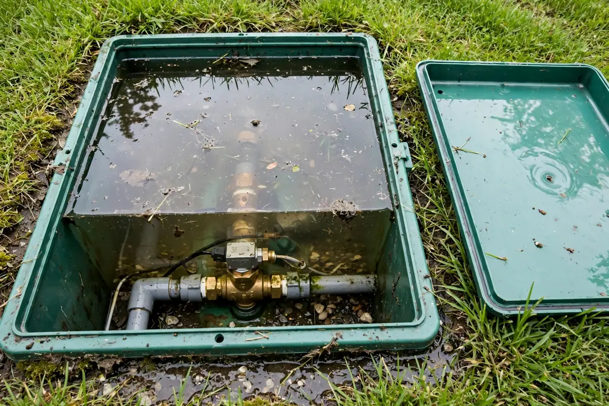 Irrigation valve box full of standing water indicating a weeping zone valve