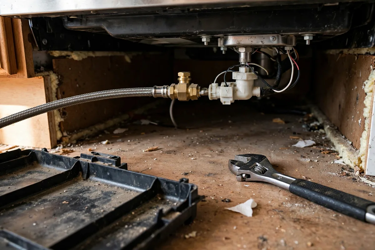 Dishwasher water supply line and inlet valve connection behind the removed kick plate during an inspection
