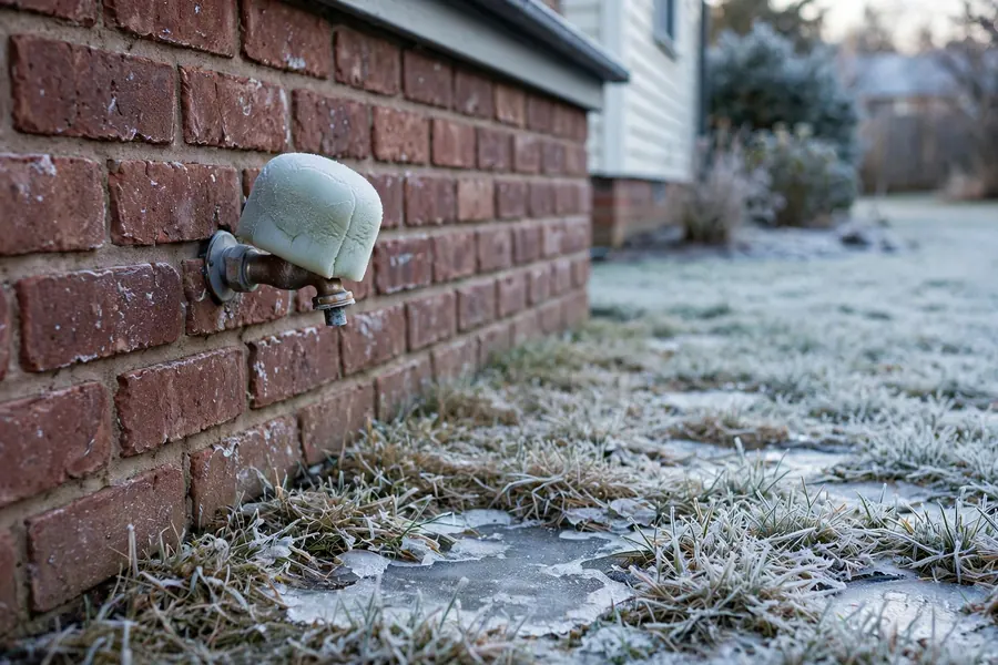 Frosty winter morning at a Columbia home with a foam cover on the outdoor spigot