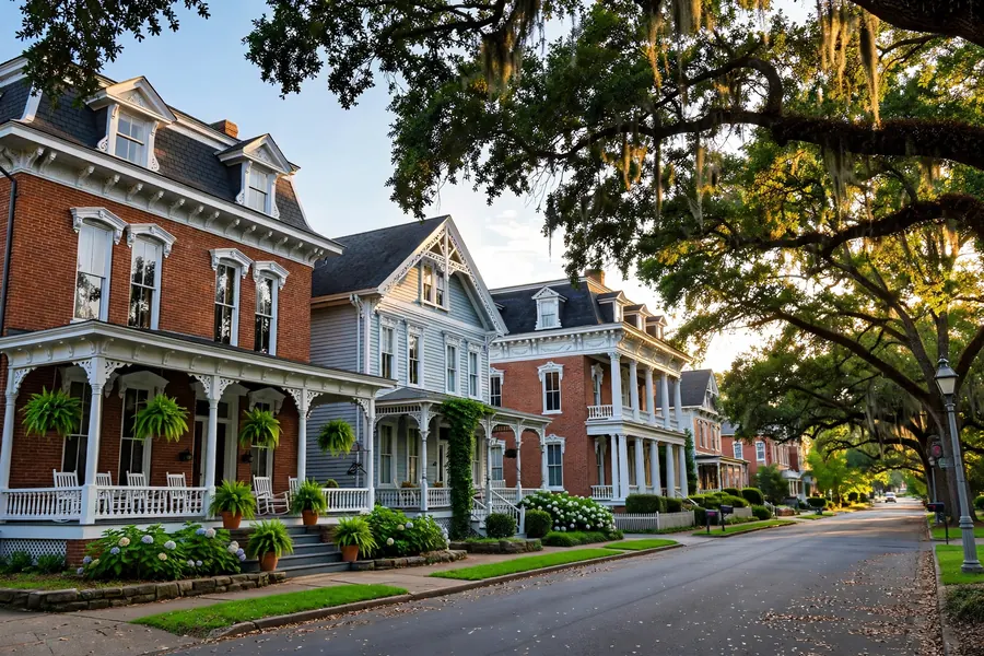 Historic brick homes with front porches on a quiet Columbia Tennessee street