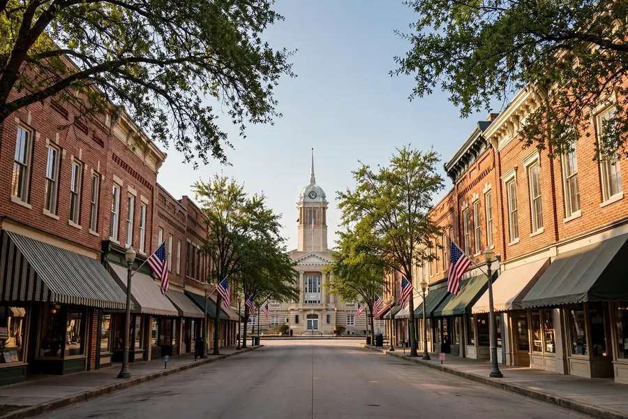 Historic downtown Columbia Tennessee storefronts on a sunny afternoon