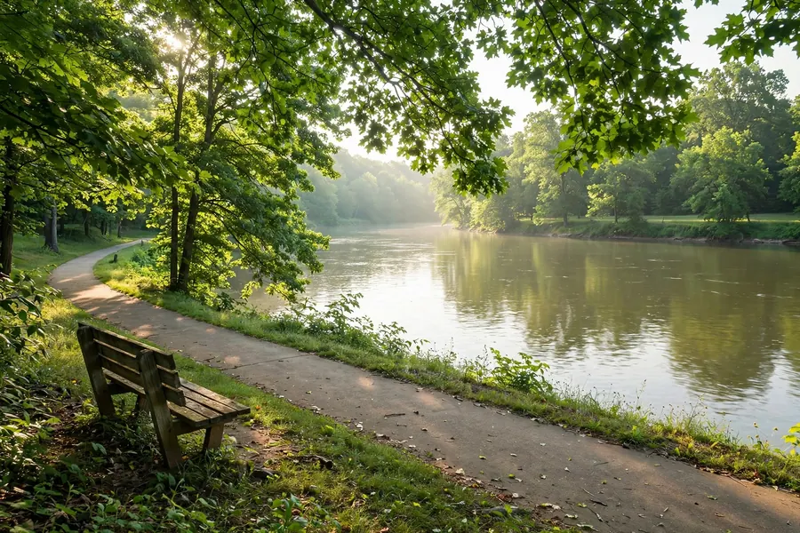 Calm Duck River with a walking trail and bench at Riverwalk Park Columbia TN