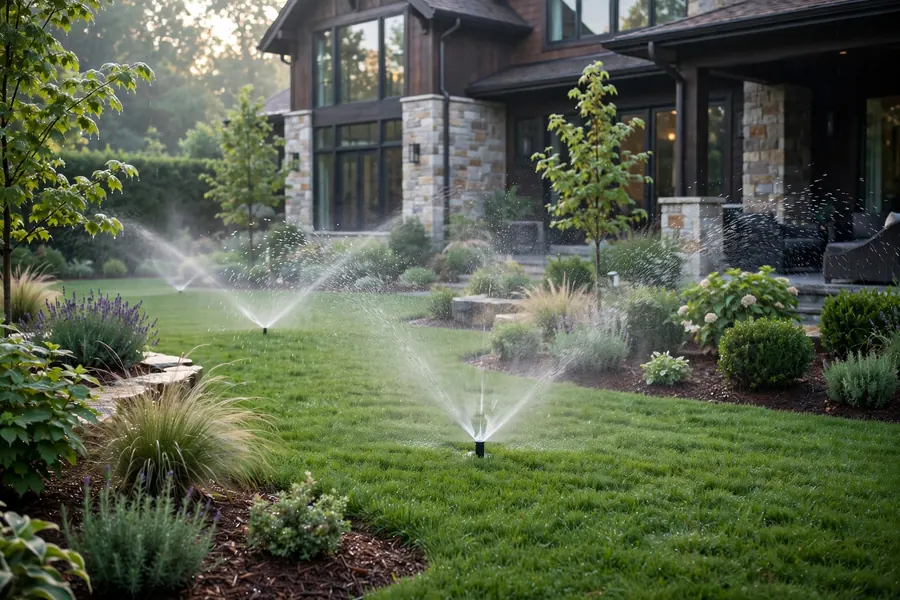 Active pop-up sprinklers watering a large manicured lawn in Graymere