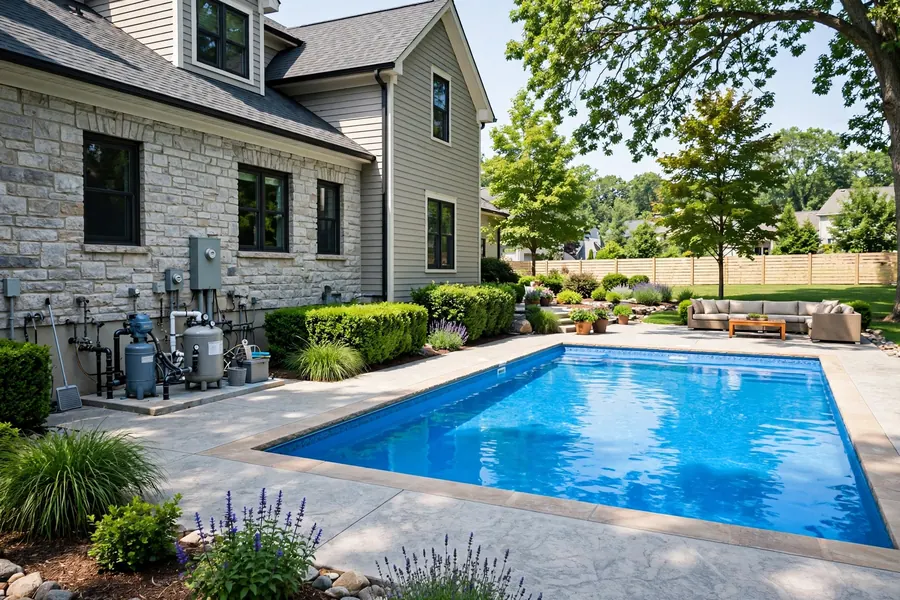 Backyard swimming pool with pump and filter equipment pad beside a Graymere home