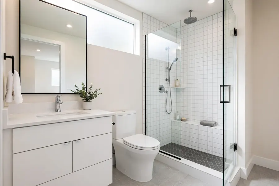 Newly finished modern bathroom with chrome fixtures in a North Columbia home