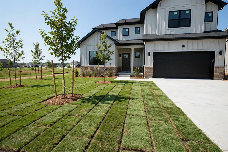 Freshly laid sod strips with visible seams in the front yard of a new North Columbia home