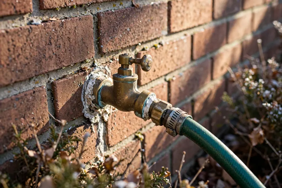 Outdoor hose bibb spigot on the brick wall of a mid-century Sunnyside ranch home