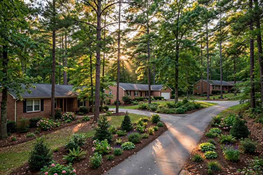 Brick homes among tall pine trees in Tall Trees Estates Columbia TN