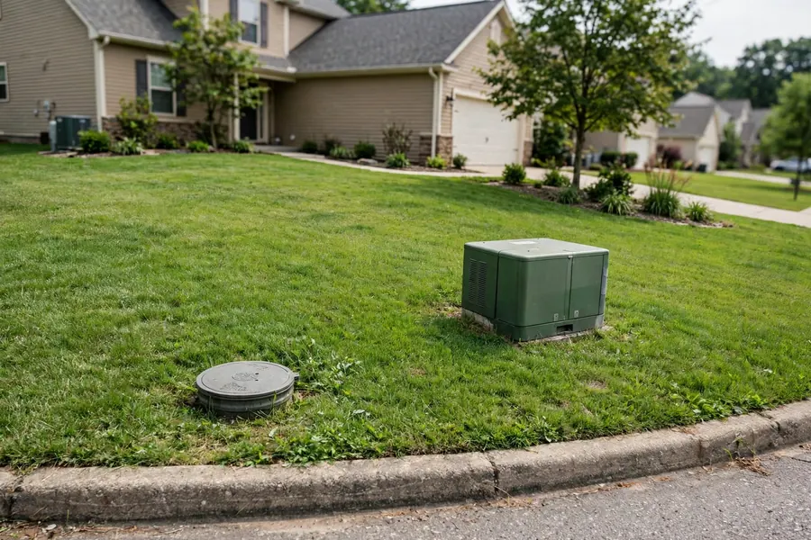 Water meter box cover in a front lawn near the curb in Tall Trees Estates
