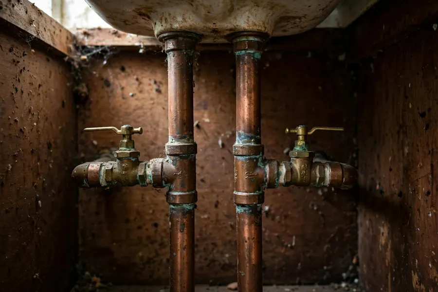 Aged copper supply pipes and brass shutoff valves under a bathroom sink in an older home