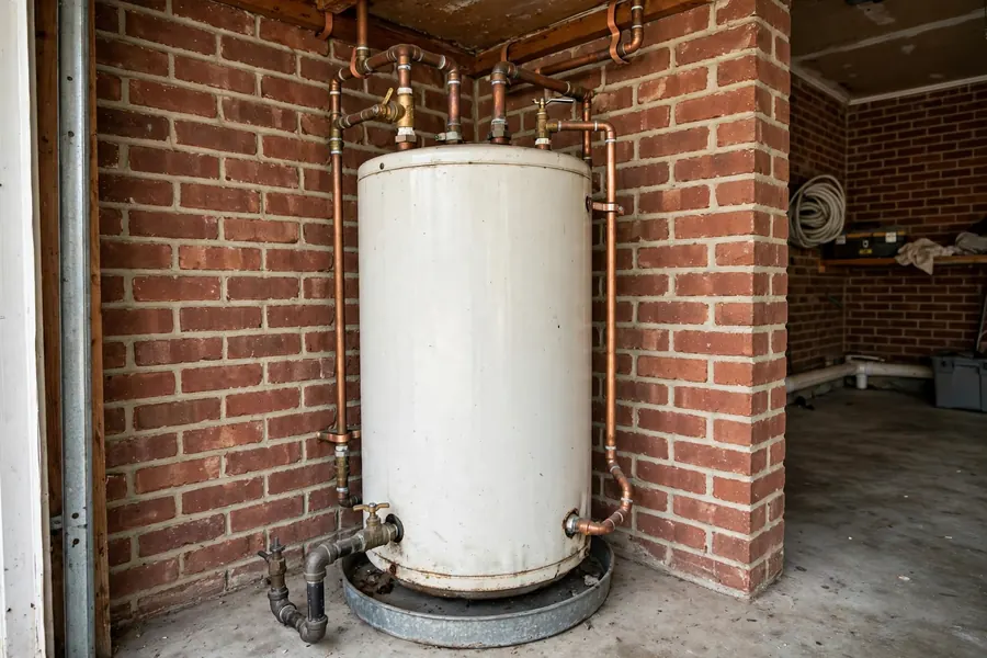 Tank water heater with copper pipe connections in a garage utility corner