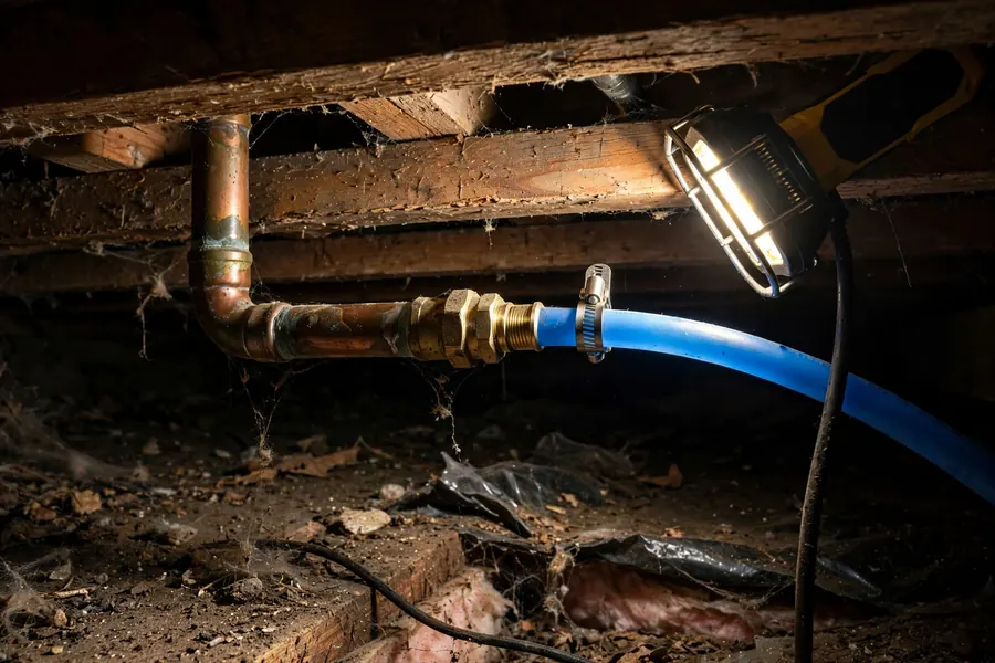 Copper pipes transitioning to newer PEX tubing with fittings in a home crawlspace